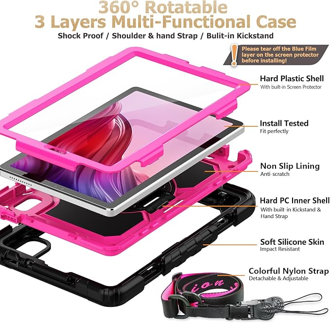 SEYMAC stock Case for Lenovo Tab M9 (TB-310FU) 2023 with Screen Protector, Drop-Proof Protection Cover with 360° Rotating Stand &Strap [Pen Holder] Case for Lenovo Tab M9 9'' (Pink+Black)