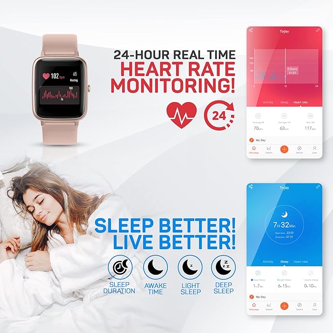 OCTANDRA Move VeryFitPro Smart Watch HR Heart Rate Sleep Monitor IP68 Waterproof Activity Fitness Tracker Step Counter Pedometer Exercise Running Watch Fitness Watches for Men & Women (ID205L) (Pink)