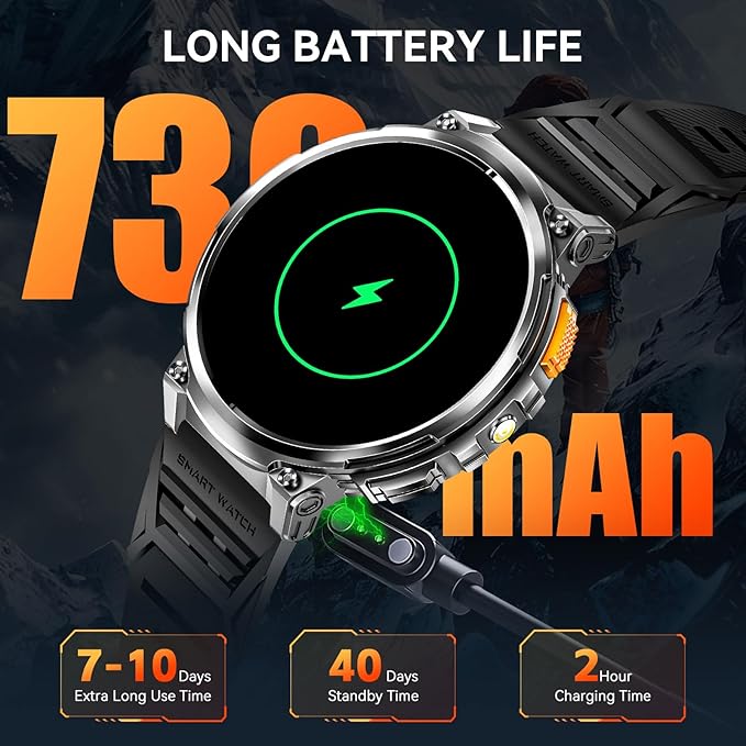 Military Smart Watch for Men 1.85” Big Screen Smart Watch, LED Flashlight/730mAh Battery/100+ Sports Modes Fitness Watch, Heart Rate Sleep Tracker Smartwatch for iOS Android (Black Stainless Steel)