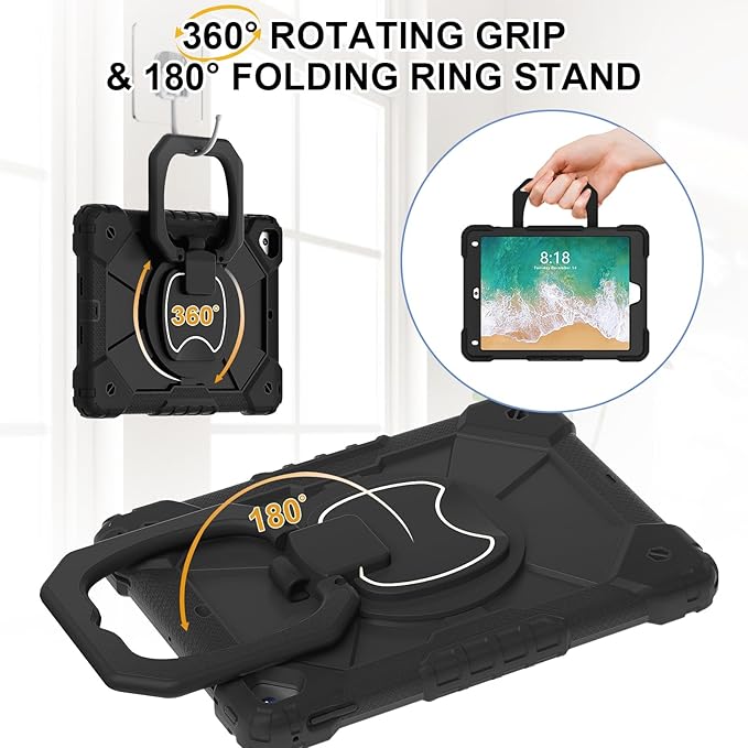 DreamerX Case for iPad 6th Generation 9.7 inch 2018, iPad 5th Gen 2017, iPad Air 2, iPad Pro 9.7'', Shockproof Drop Protective Business Cover with Pencil Holder Rotating Bracket Shoulder Strap, Black