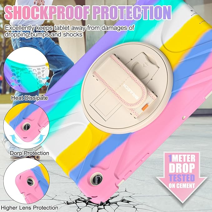 BRAECNstock Kids Case for Samsung Galaxy Tab A9+ Plus 11 inch (SM-X210/X216/X218) Shockproof Protective Case with Screen Protector Pen Holder [360° Rotating Hand Strap+Stand], Colorful Pink