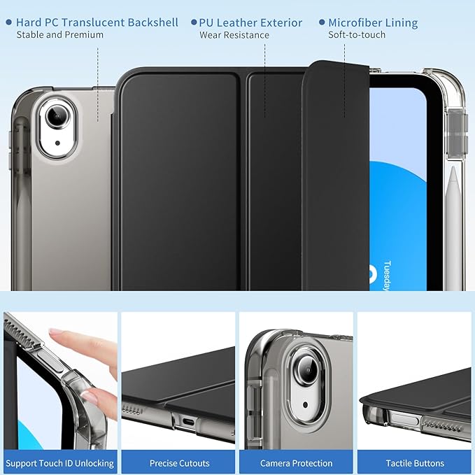 MoKo for iPad (A16) 11th Generation Case 11 Inch 2025, iPad 10th Generation Case 10.9 Inch 2022 with Pencil Holder, Slim Light Trifold Protective Cover with Hard PC Translucent Back Shell, Black