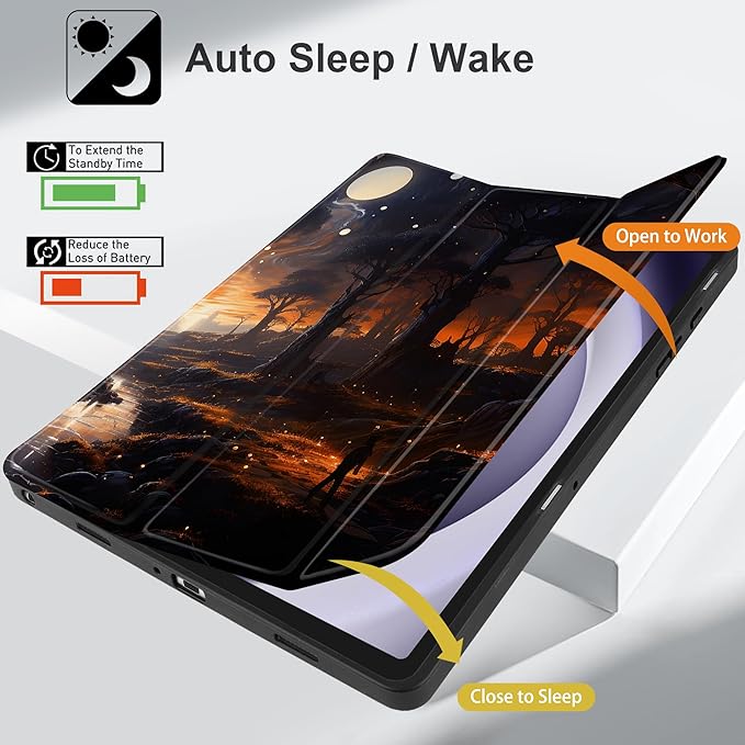MEEgoodo Case for Samsung Galaxy Tab A9 Plus 11 inch Cover 2024 2023 with S Pen Holder, A9+ Smart Tablet Cases with Trifold Stand+Soft TPU Back Shell+Smart Auto Wake/Sleep, Fantasy Night Landscape