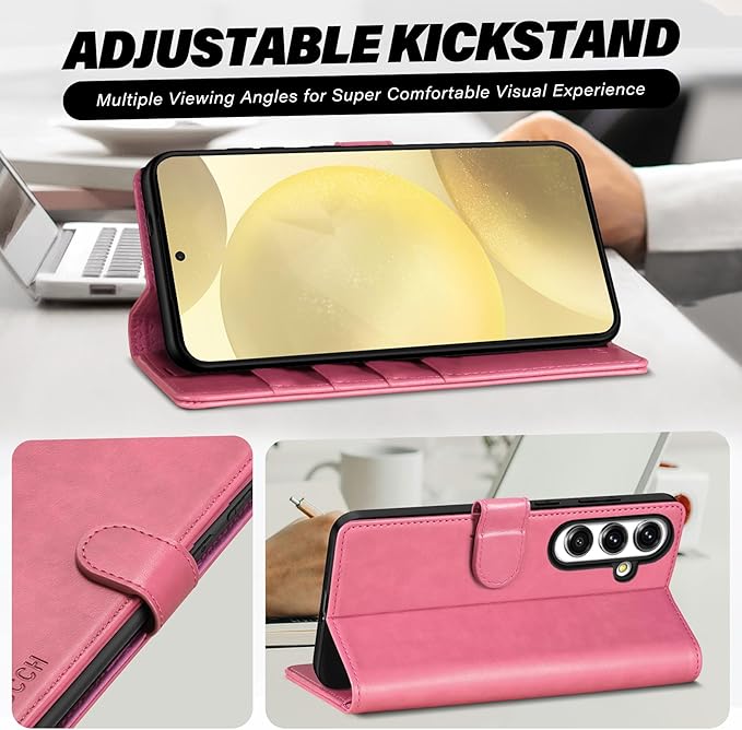 TUCCH Case Wallet for Galaxy S25 Plus, PU Leather Magnetic Kickstand [RFID Blocking] Card Slot Folio Flip Cover with [TPU Shockproof Interior Case] Compatible with Galaxy S25 Plus 6.7" 2025, Hot Pink