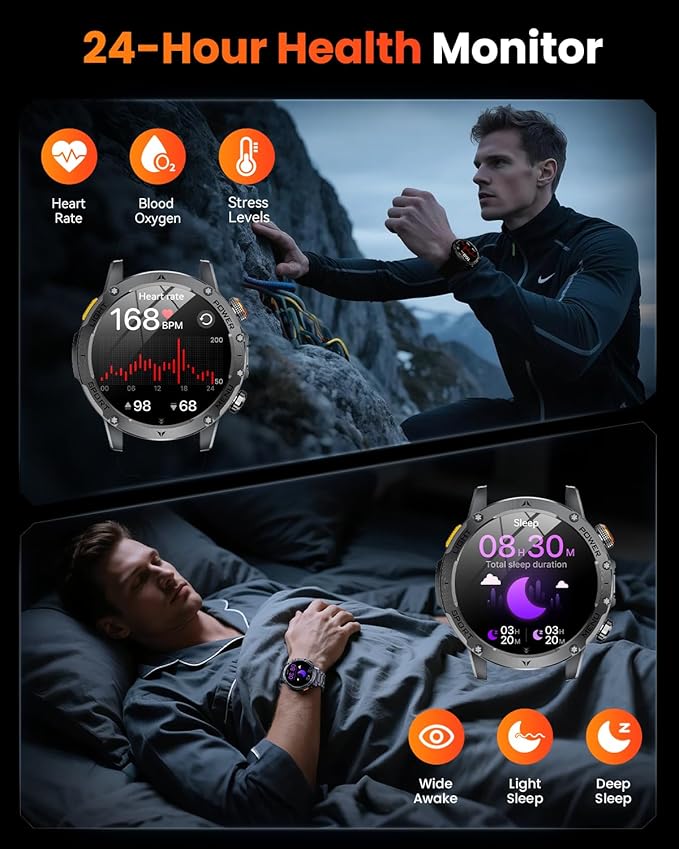 Military Smart Watches for Men, 1.7″ Smart Watch with 1000 mAh Battery, Led Flashlight, Answer/Make Calls, Heart Rate/Sleep Monitor 100+ Sport Modes Fitness Watch for Android/iPhone (2 Straps)