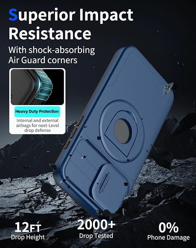 for iPhone 15 Pro Case Compatible with MagSafe Magnetic,with 2 Screen Protectors,Built-in Camera Cover,with Stand Ring,Military Grade Drop Shockproof Heavy Duty Protection Phone Bumper Blue