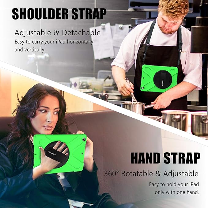 BRAECN for iPad 9th/8th/7th Generation Case, iPad 10.2 inch Heavy Duty Rugged Case with Built in Screen Protector, Hand Strap, Swiveling Stand/Shoulder Straps for iPad 10.2 2021/2021/2019-Green
