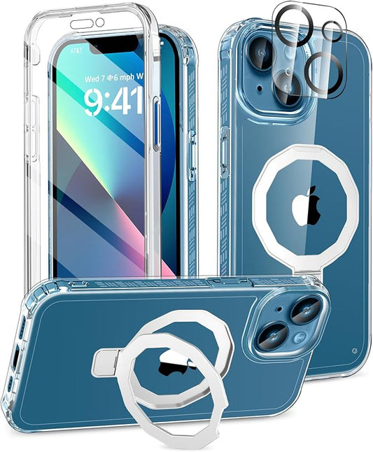 Compatible with iPhone 13 Case, Built-in Screen Protector & Seamless Stand, with Camera Lens Protector, Strong Magnetic Clear Phone Case, Full Body Protective Cover for 6.1" (Clear)