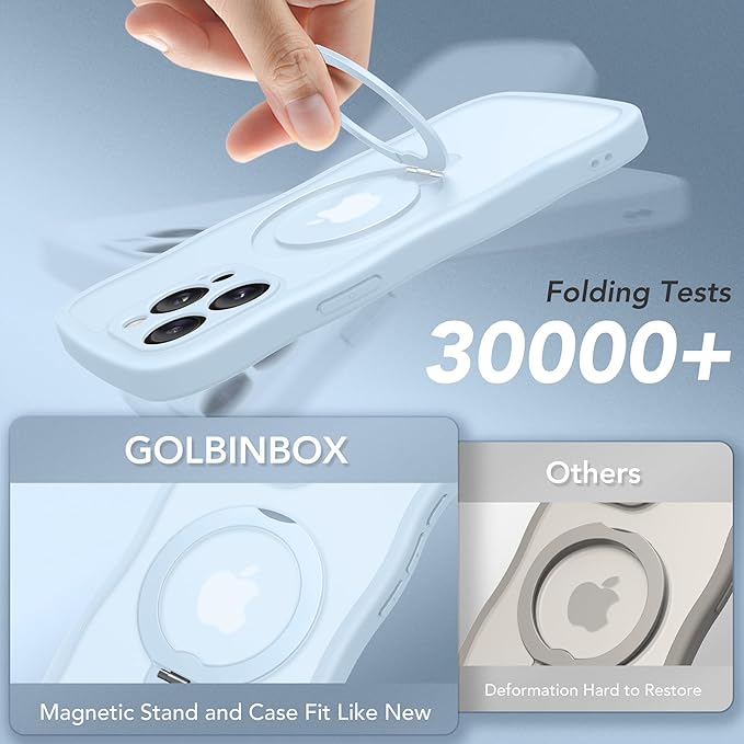 GolbinBox for iPhone 15 Pro Case,[Compatible with Magsafe][360°Magnetic Stand][Cute Wave Edge][18ft Military-Grade Protection] Translucent Matte Phone Women Case for iPhone 15 Pro, Baby Blue
