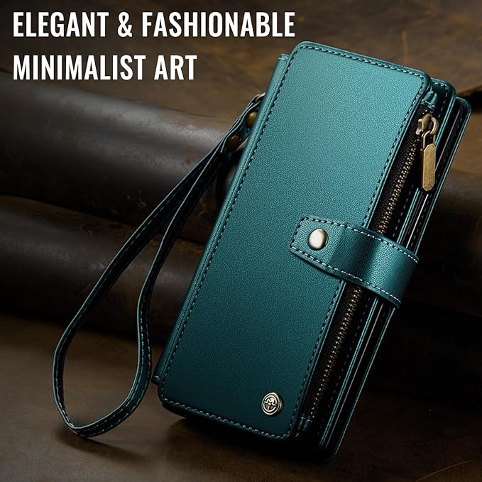 Vinich for Samsung Galaxy Z Fold 7 Wallet Case with Card Holder, Detachable Strap RFID Blocking Credit Slots Kickstand Shockproof Phone Cover for Women Men, Bluish Green