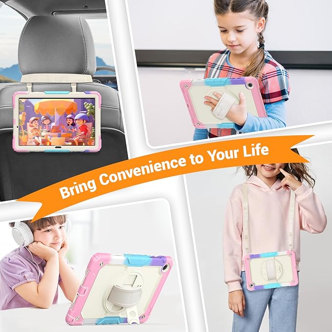 SEYMAC Case for Samsung Galaxy Tab A9+/ A9 Plus 11" (SM-X210/X216/X218), Heavy Duty Shockproof Protective Case with Screen Protector, Rotating Stand, Hand/Shoulder Strap, Pink