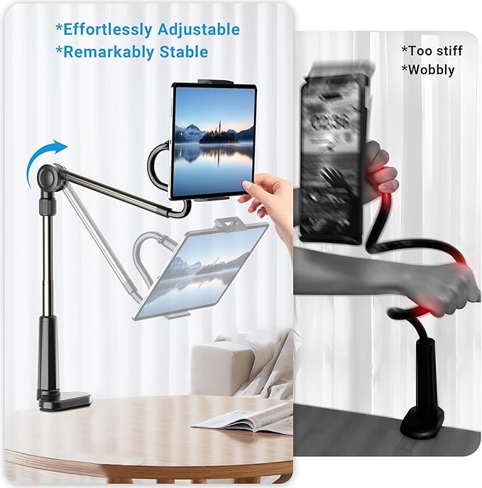 Desk Tablet Holder for iPad Pro, No Stiff Easy Adjust Arm Phone and Tablet Stand for Bed, Ereader Accessories Compatible with Kindle iPhone, iPad Pro/Mini/Air, Smartphones