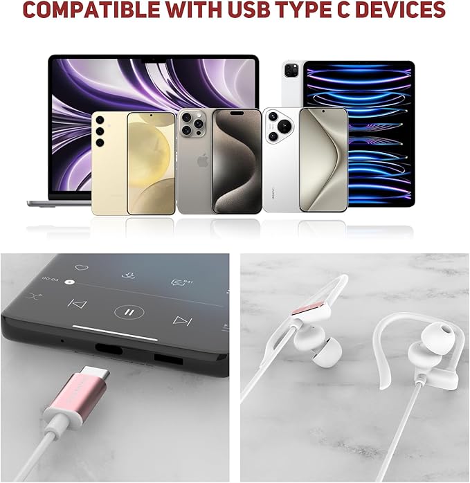 USB C Headphones with Microphone Wired USB C Earphones for Sports and Running Type C Earbuds Hooks Volume Control, Compatible with iPhone 16/15, Samsung, Google and Other Type C Phone, Rose Gold