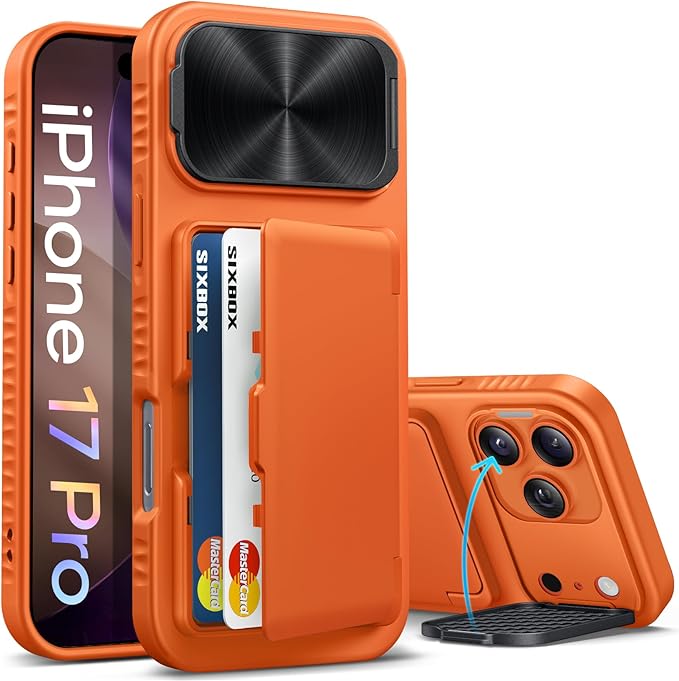 for iPhone 17 Pro Case with Credit Card Holder, Built-in Camera Cover & Stand, Silicone Bumper Raised Edge Multifunctional Full Body Protective Phone Cover Case for iPhone 17 Pro 2025, Orange