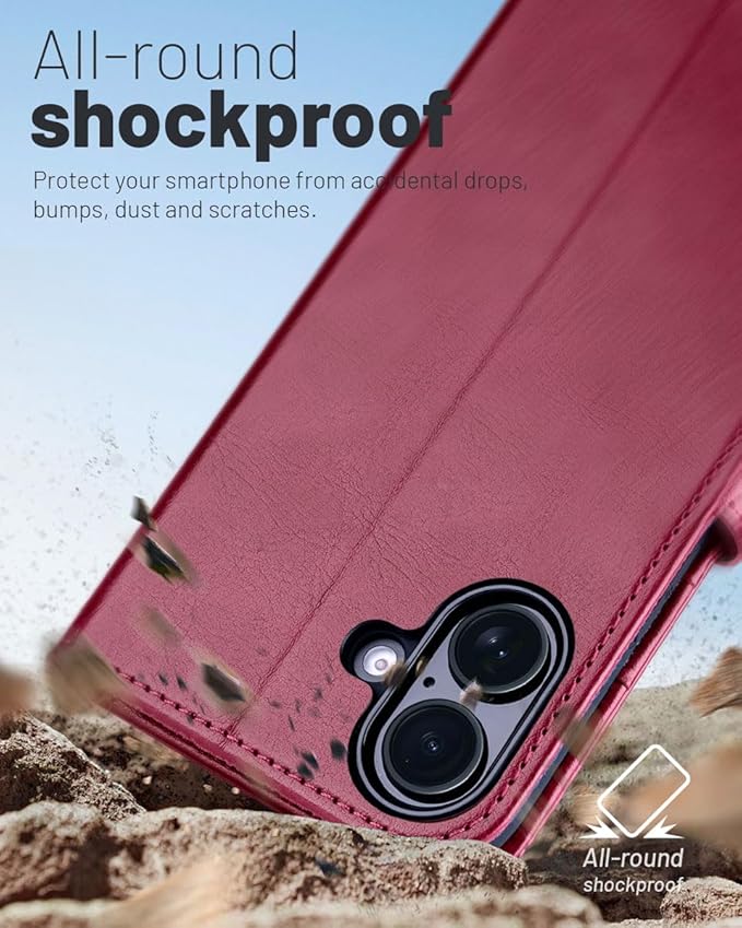 OCASE Compatible with iPhone 16 Wallet Case, PU Leather Flip Folio Case with Card Holders RFID Blocking Kickstand [Shockproof TPU Inner Shell] Phone Cover 6.1 Inch 2024, Burgundy