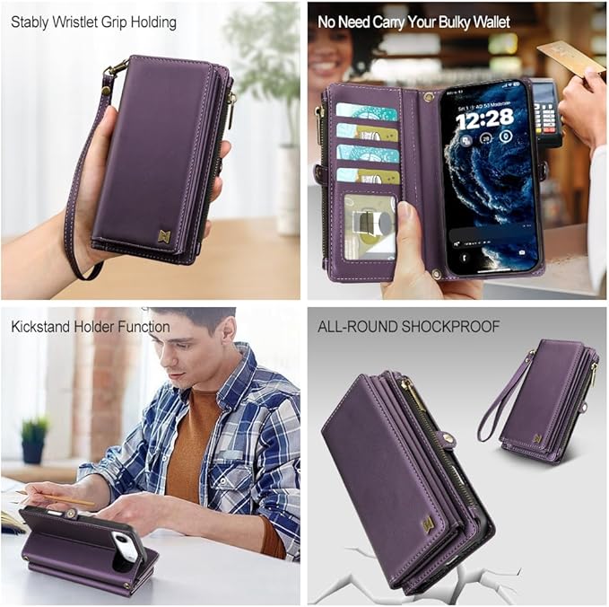 for iPhone Air Wallet Phone Case with 8 Card Holder,RFID Blocking | PU Leather | Kickstand | Flip | Wrist Strap&Shoulder Strap | Shockproof | Zipper Wallet | Women Men | 6.5" | Purple