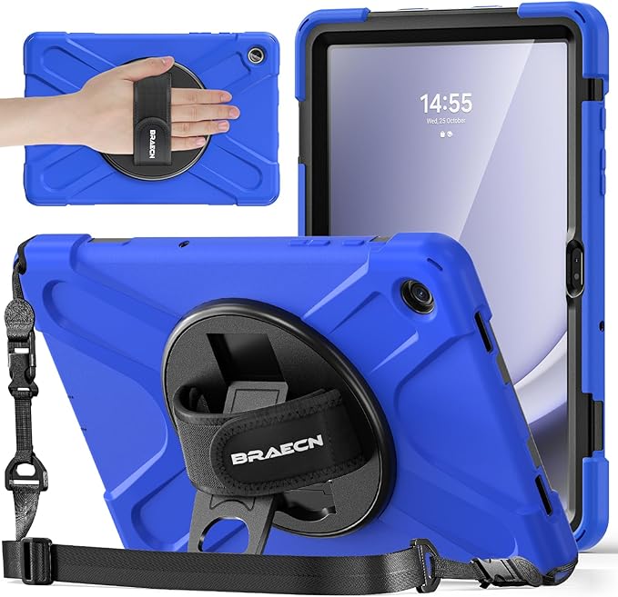 BRAECNstock Case for Samsung Galaxy Tab A9+ Plus 11 inch (SM-X210/X216/X218) Shockproof Protective Tab A9+ Kids Case with Screen Protector Pen Holder Rotating Hand Strap+Stand, Blue
