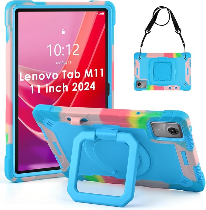 DETUOSI Case Compatible with Lenovo Tab M11/ K11 LTE 11 inch (TB-330FU/330XU), Full-Body Shockproof Protective Case with Shoulder Strap, 360 Rotating Stand Case for Lenovo Tab M11, Camouflage Blue