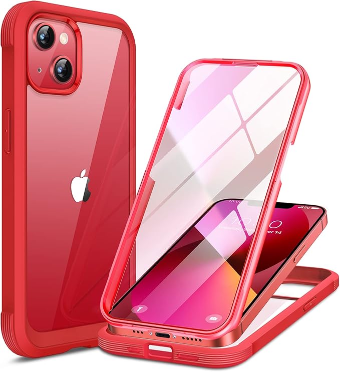 Miracase Glass iPhone 13 Mini Case 5.4 inch, 2023 Upgrade Full-Body Clear Bumper Case with Built-in 9H Tempered Glass Screen Protector for iPhone 13 Mini, Red