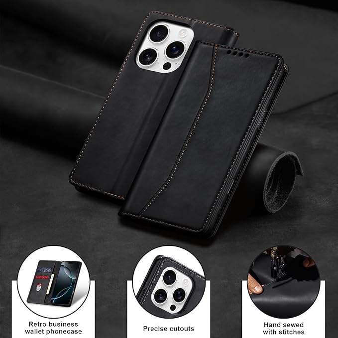 Jasonyu Flip Wallet Case for iPhone 16 Pro,Leather Magnetic Folio Cover with Card Holder,Kickstand - TPU Shockproof Durable Protective Phone Case,Black