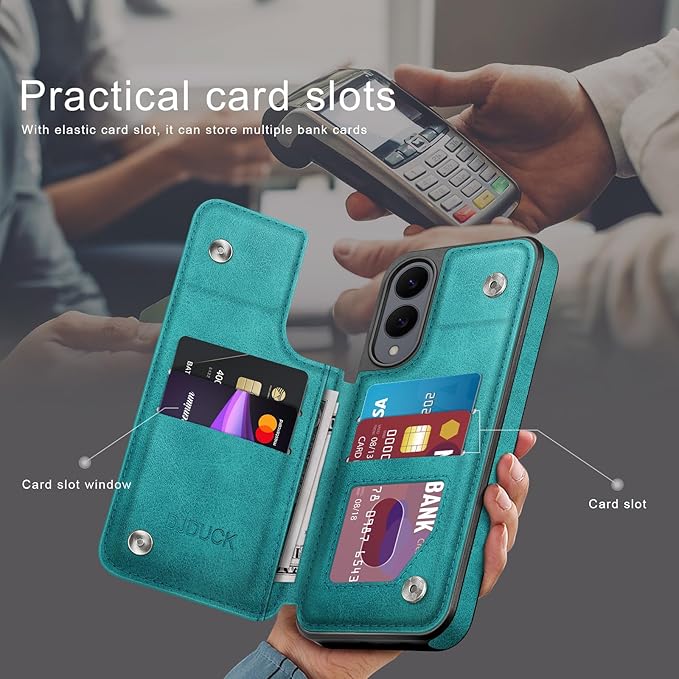 DJDUCK Designed for Samsung Galaxy S25 Edge Case Wallet with Card Holder, [Magnetic Clasp Cover] [RFID Blocking Leather Protection] Shockproof Women Men Cases for Samsung S25 Edge Blue Green