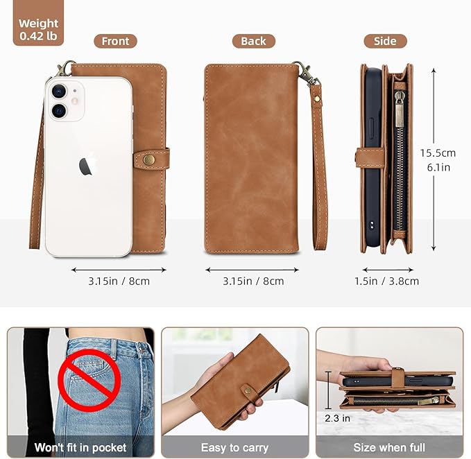 TwoHead for iPhone 12/12 Pro Wallet Case with Card Holder & Detachable Magnetic Phone Case,Leather All-Round Protection Phone Case for Women/Men,6.1IN,Brown