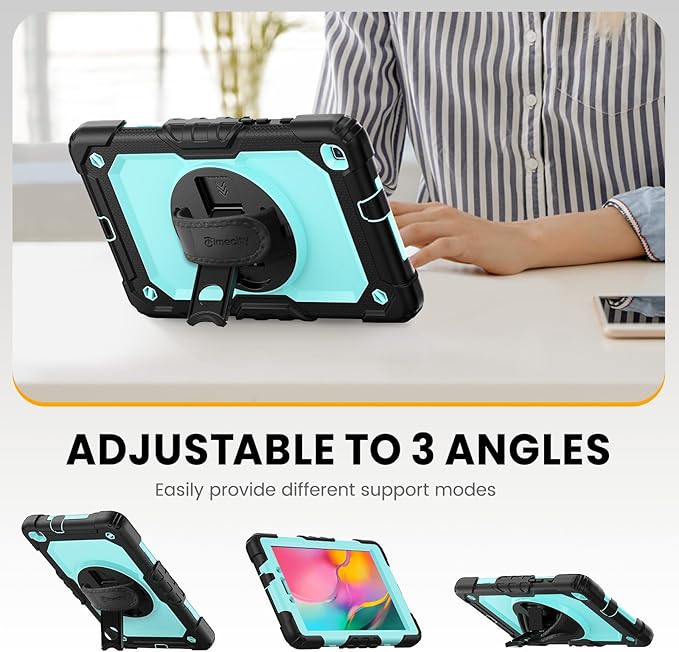 Timecity Tablet Case for Samsung Galaxy Tab A 8.0 2019 Release (Only Fit SM-T290/T295/T297), Tablet Case Protector with Rotating Stand Screen Protector Handle Shoulder Strap, Black/Light Blue