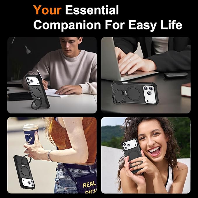 Compatible with iPhone 17 Pro Max Case with Invisible Magnetic Ring Stand [Compatible with Magnetic] [Military Drop Protection] Shockproof Slim Hard Back Soft Edge Case 6.9 Inch, Black