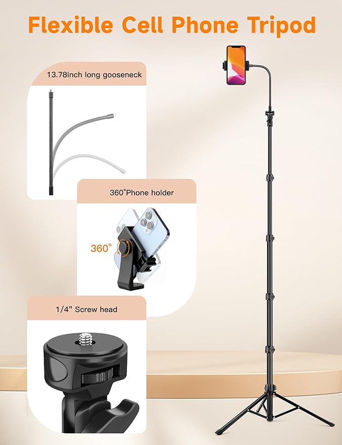 Phone Tripod, 86" Tall Tripod for iPhone with Flexible Gooseneck & Remote, Portable Aluminum Cellphone Stand for Selfies, Video Recording,Travel, Compatible with iPhone Android
