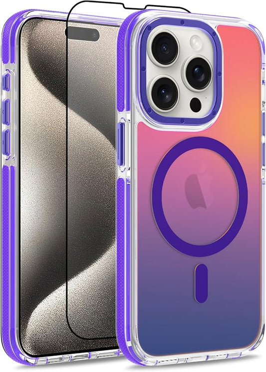 MOWIME Magnetic Case for iPhone 15 Pro [Compatible with Magsafe] [Cute Fashion Fluorescent Design] [1 Screen Protector] Slim Translucent Matte Case for iPhone 15 Pro 6.1" 2023, Purple