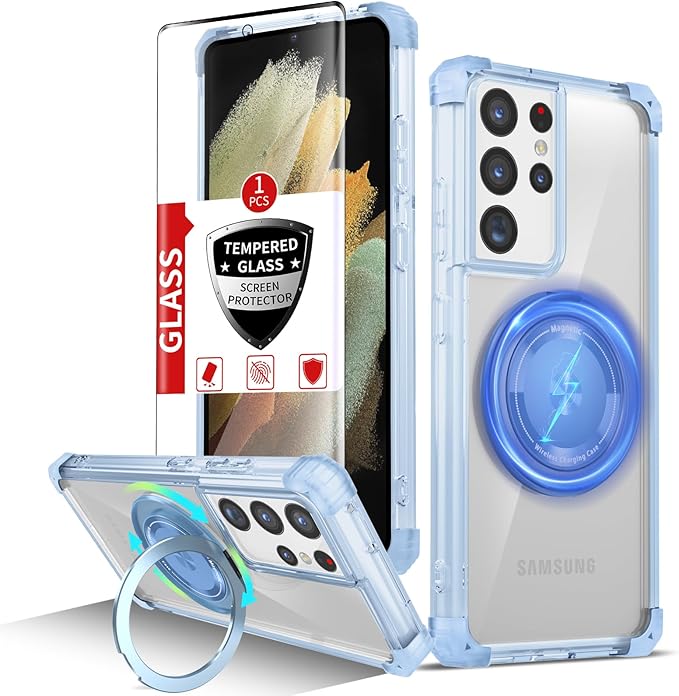 for Samsung Galaxy S21 Ultra Case Compatible Wireless Charging Magnetic,with Screen Protector,for S21Ultra Phone Case with 360°Stand Ring Military Grade Shockproof Heavy Duty Protection Blue