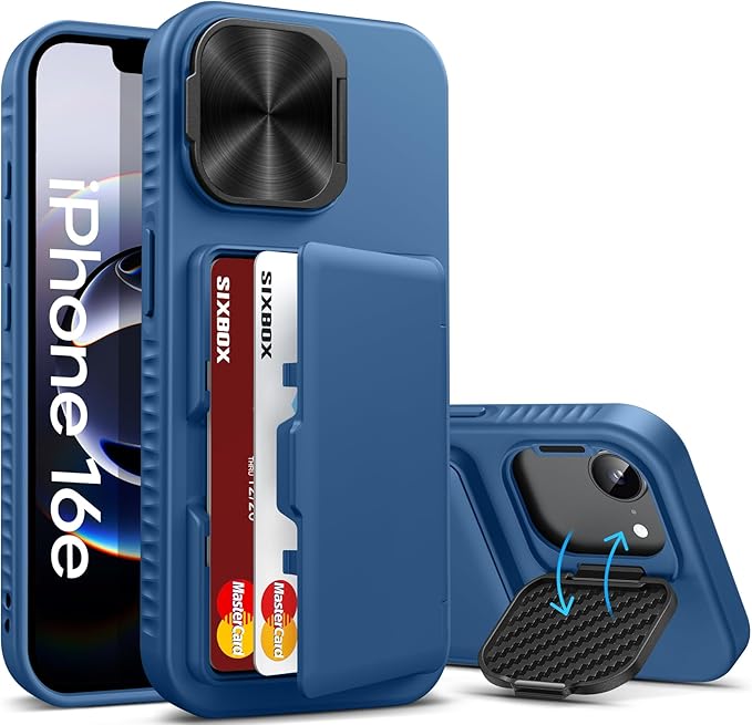 for iPhone 16e Case with Card Holder, Built-in Stand & Camera Lens Cover, Shockproof Rugged Silicone Raised Edge Protective Multifunctional Wallet Phone Case for iPhone 16e 6.1" 2025, Blue