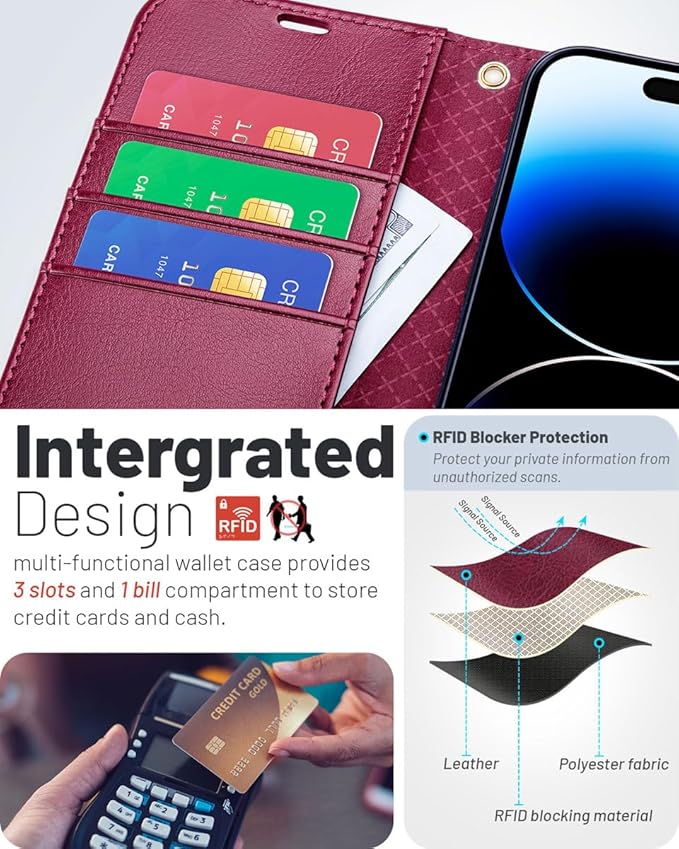 OCASE Compatible with iPhone 15 Wallet Case, PU Leather Flip Folio Case with Card Holders RFID Blocking Kickstand [Shockproof TPU Inner Shell] Phone Cover 6.1 Inch 2023, Burgundy