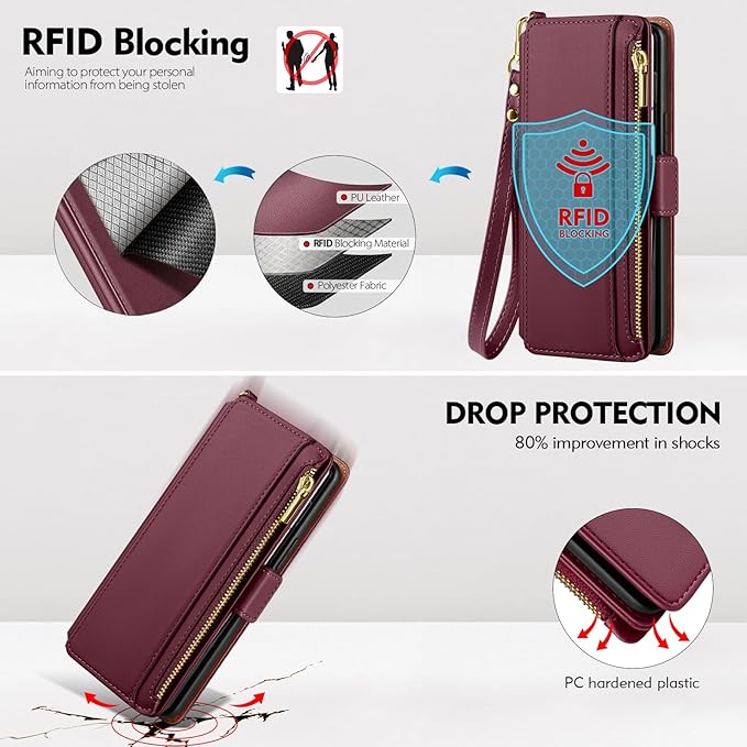 Antsturdy Compatible with Samsung Galaxy Z Fold7 Case Wallet with Card Holder,Z Fold 7 5G Phone Case with Strap Shockproof PU Leather RFID Blocking Flip Cover Credit Card Slots Women Men,Wine Red