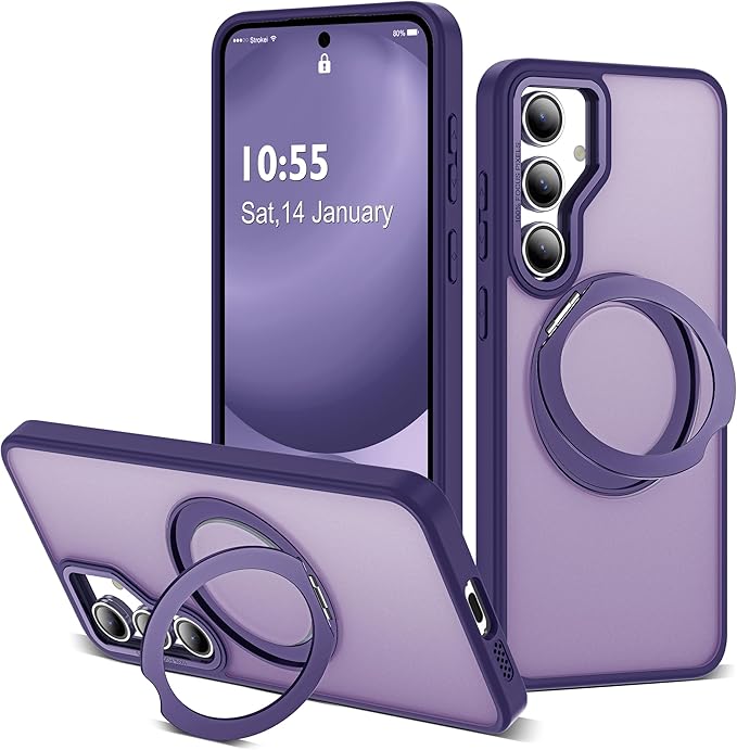 for Samsung Galaxy S24 FE Case with 360° Rotatable Magnetic Ring Stand Compatible with Mag-Safe Military Protection Shockproof Matte Translucent Phone Cases for S24 FE,Dark Purple