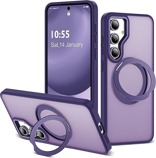 for Samsung Galaxy S24 FE Case with 360° Rotatable Magnetic Ring Stand Compatible with Mag-Safe Military Protection Shockproof Matte Translucent Phone Cases for S24 FE,Dark Purple