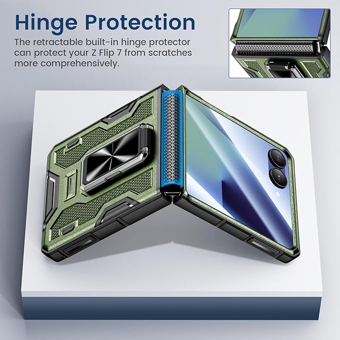 VEGO for Z Flip 7 Case with Hinge Protection, 360° Rotatable Ring Kickstand & Built-in Screen Protector & Belt Clip Holster, Shockproof Cover for Samsung Galaxy Z Flip 7 - Dark Green