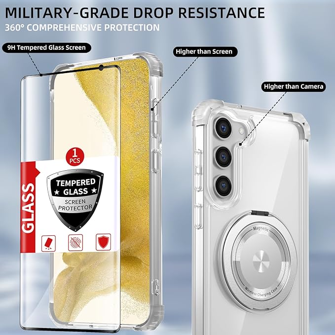 for Samsung Galaxy S22 Case Magnetic Compatible with MagSafe Wireless charging,with 360°Kickstand Ring,for S22 Phone Case with Screen Protector, Military Grade Drop Protection Shockproof Clear