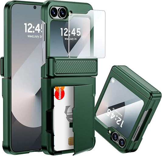 CENMASO for Samsung Galaxy Z Flip 6 Case/Z Flip 7 FE Case with Card Holder [RFID Blocking] & Hinge Protection & Screen Protector, Full-Body Shockproof Phone Case for Z Flip 6/Z Flip 7 FE-Green