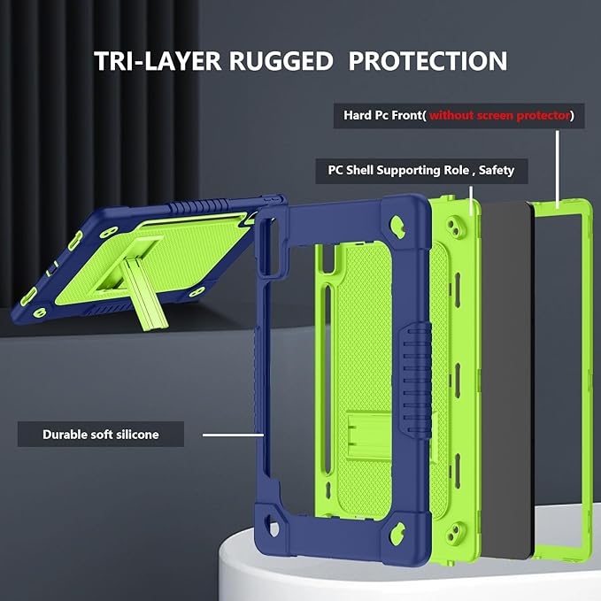 for Lenovo Tab P12 12.7 inch 2023 TB370FU Heavy Duty Cover with Kickstand Shoulder Strap Built in Pen Holder Kids Friendly Shell Case for Lenovo Tab P12 / Xiaoxin Pad Pro 12.7" (Navy Green)