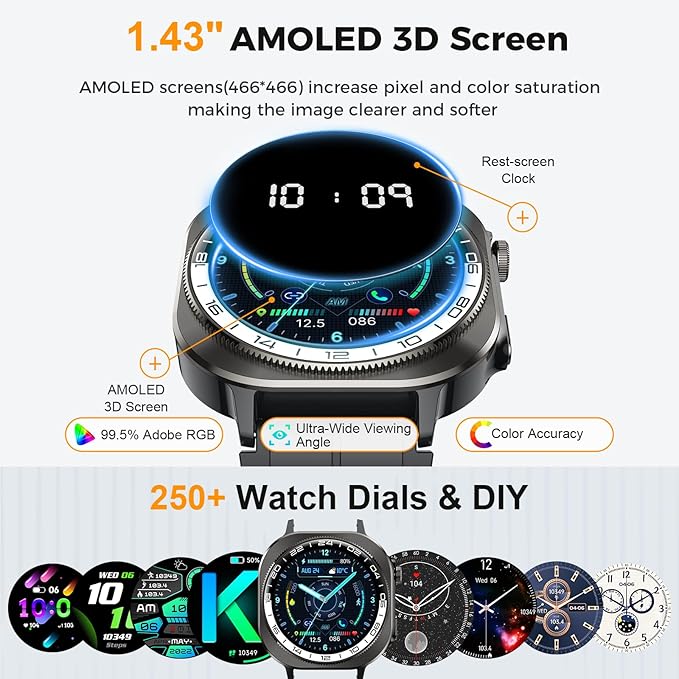 Military Smart Watch, 2025 AMOLED 3D 1.43" Smartwatch for Men Women (Answer/Make Call), 60 Days/Flashlight/130+ Sports, Heart Rate/Sleep Monitor, IP68 Waterproof Fitness Activity Tracker Android iOS