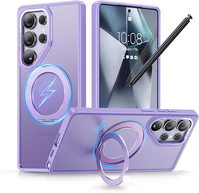 QTlier Phone case for Galaxy S25 Ultra- 360 Rotatable Magnetic Ring Stand, Military-Grade Protection, Raised Camera Frame Lilac
