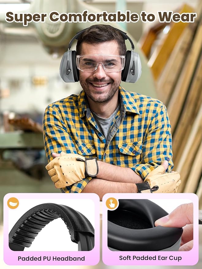 Dr.meter Hearing Protection Earmuffs, 31dB Noise Reduction Safety Ear Muffs with Adjustable Headband for Adults Kids Autism Sensory, Ear Muff for Yard Work, Mowing or Hunting -Grey