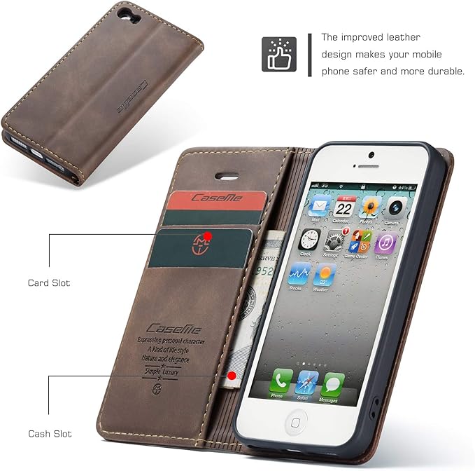 for iPhone 5 / iPhone 5S / iPhone SE (2016) Case, Flip Wallet Leather Case with Card Holder Magnetic Closure Shockproof Kickstand Protective Phone Cases Cover for iPhone 5S,Coffee