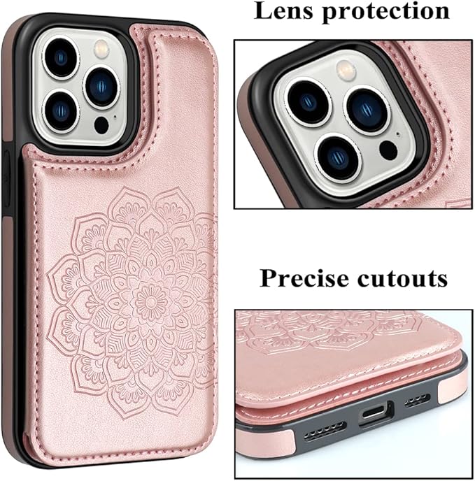 MMHUO for iPhone 14 Pro Case with Card Holder,Flower Magnetic Buttons Protective Wallet Case for Women for iPhone 14 Pro,Rose Gold
