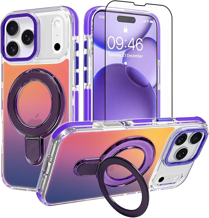 MOWIME Magnetic for iPhone 17 Pro Case with Stand [Compatible with Magsafe] [Cute Fashion Fluorescent Design] [1 Screen Protector] Slim Translucent Matte Case for iPhone 17 Pro 6.3" 2025, Purple