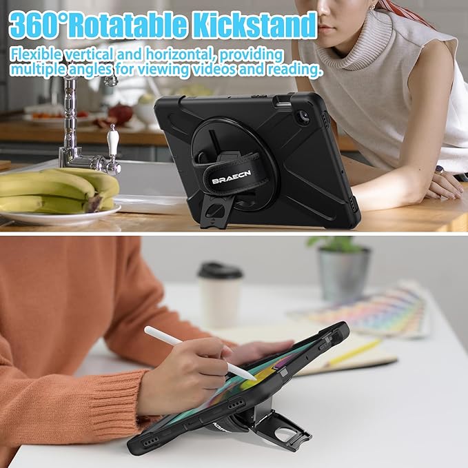 BRAECNstock for Samsung Galaxy Tab S5e Case 10.5 inch 2019 (SM-T720/T725/T727) Shockproof Protective Galaxy S5e Tablet Case for Kids with Screen Protector Pen Holder Rotating Stand+Hand Strap - Black