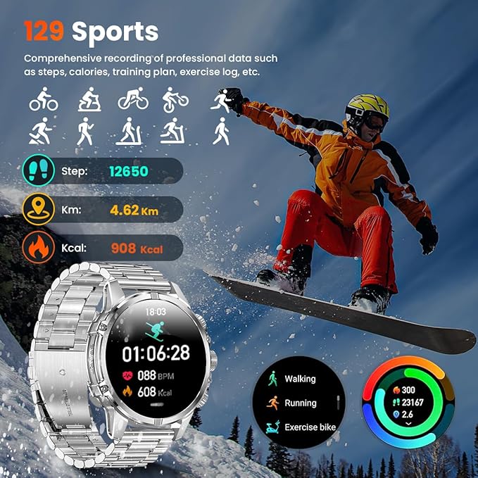 Indestructible Military Smart Watches for Men (Answer/Make Call) 1.85 Amoled IP67 Waterproof Smartwatch with Flashlight 129 Sports Mode Fitness Tracker 100 Days Battery for Android iPhone Silver