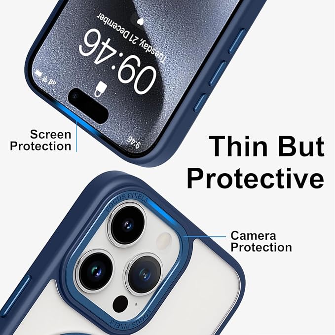 ZIYE Magnetic Case for iPhone 15 Pro Case with Stand [Compatible with MagSafe] Slim Shockproof Military Grade Heavy Duty Cover with 360 Rotatable Ring Kickstand for Women Men, Translucent Blue