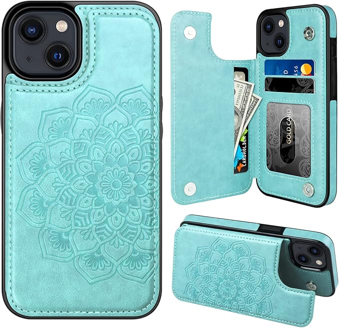 MMHUO for iPhone 15 Case with Card Holder,Flower Magnetic Buttons Protective Wallet Case for Women for iPhone 15,Mint